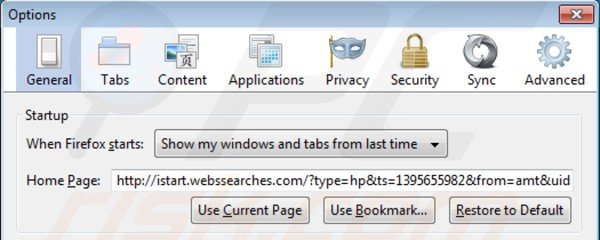 Removing istart.webssearches.com from Mozilla Firefox homepage