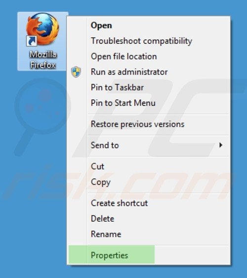 Removing istart.webssearches.com from Mozilla Firefox shortcut target step 1