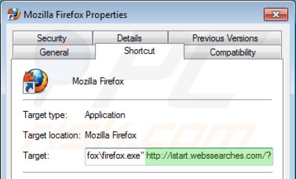 Removing istart.webssearches.com from Mozilla Firefox shortcut target step 2