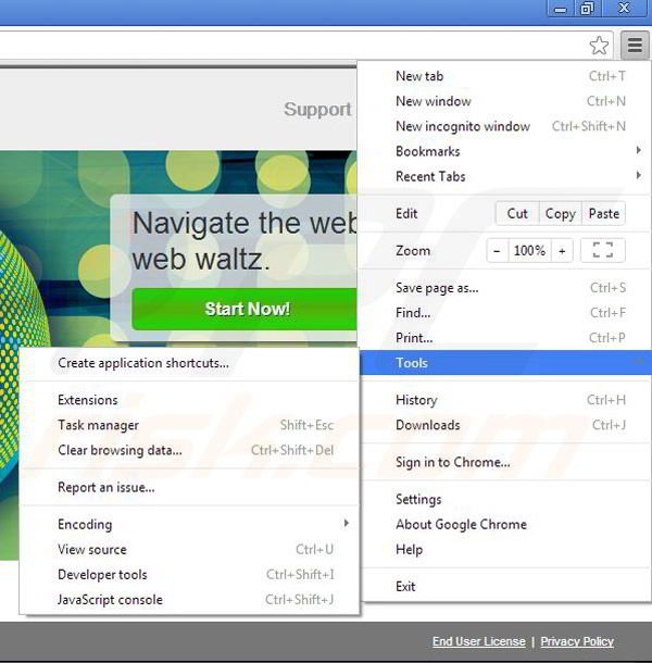Removing WebWaltz from Google Chrome step 1