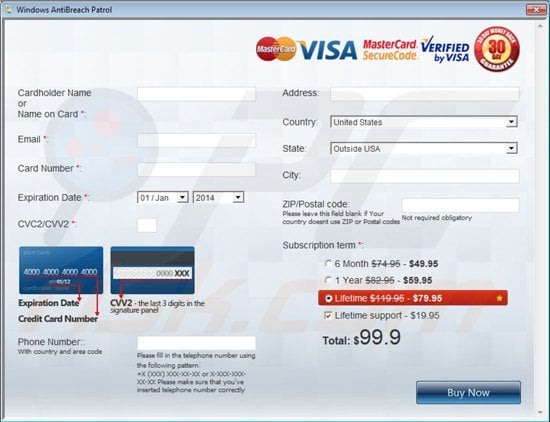 Windows Antibreach Patrol rogue payment page