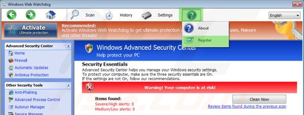 Removing Windows Web Watchdog using registration key step 1