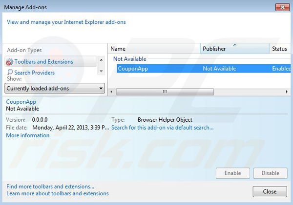Removing WowCoupon from Internet Explorer step 2