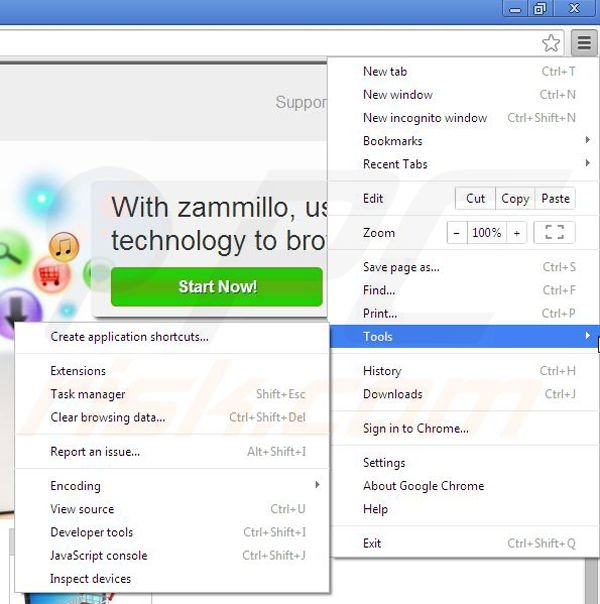 Removing Zammillo from Google Chrome step 1