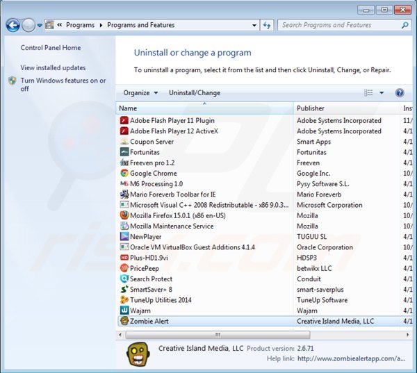 zombie alert uninstall via Control Panel