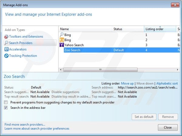 Removing isearch.zoo.com from Internet Explorer default search engine