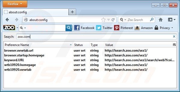 Removing isearch.zoo.com from Mozilla Firefox default search engine