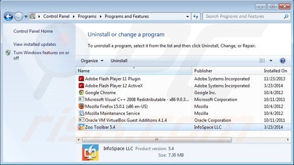 Zoo toolbar uninstall via Control Panel