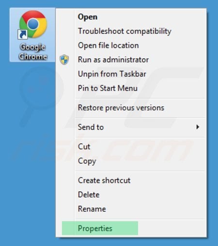 Removing 22find.com from Google Chrome shortcut target step 1