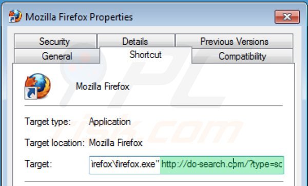 Removing 22find.com from Mozilla Firefox shortcut target step 2