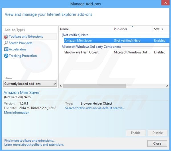 Removing amazon mini saver from Internet Explorer step 2