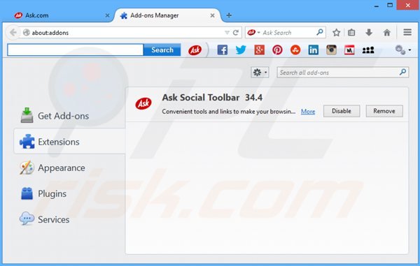 Removing ask social toolbar from Mozilla Firefox extensions