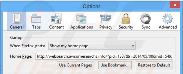 Removing websearch.awsomesearchs.info from Mozilla Firefox homepage