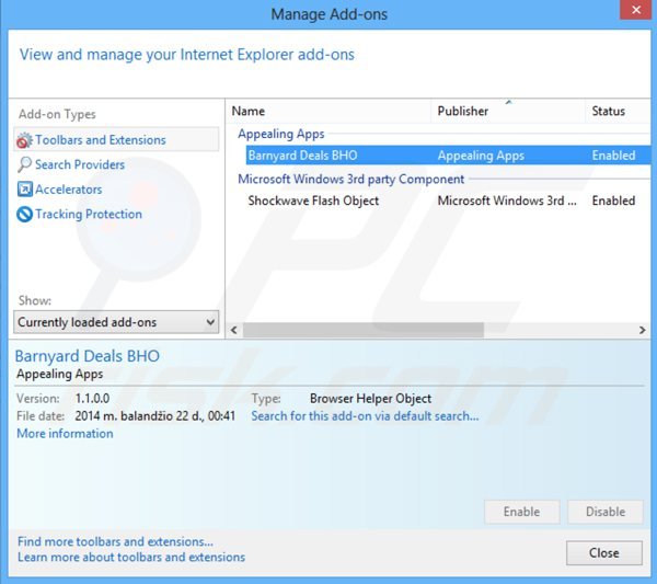 Removing barnyard deals from Internet Explorer step 2