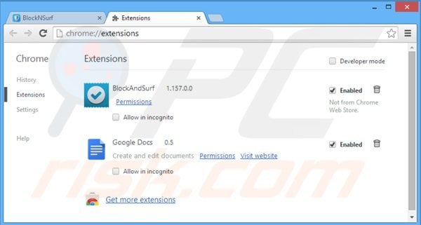 Removing block and surf from Google Chrome step 2