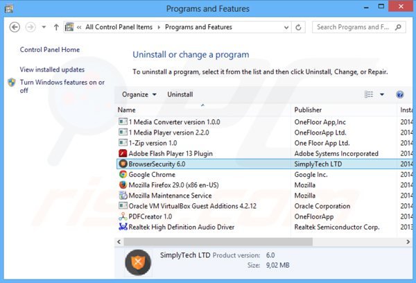 browsersecurity adware uninstall via Control Panel