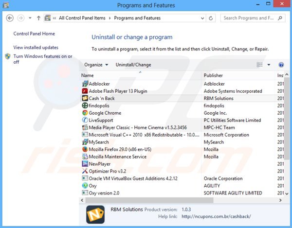 Cash 'n Back adware uninstall via Control Panel