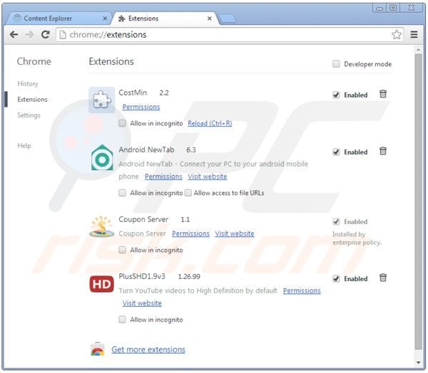 Removing content explorer from Google Chrome step 2