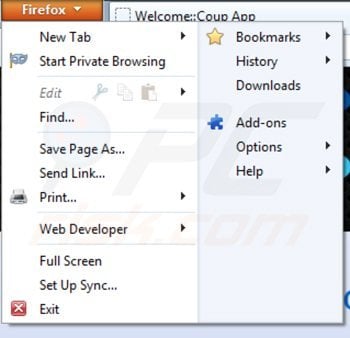 Removing coupapp ads from Mozilla Firefox step 1