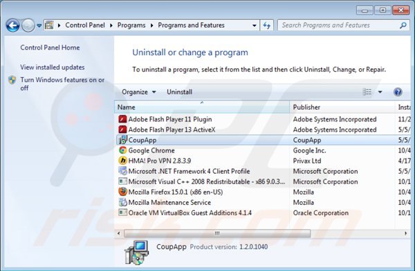 coupapp uninstall via Control Panel