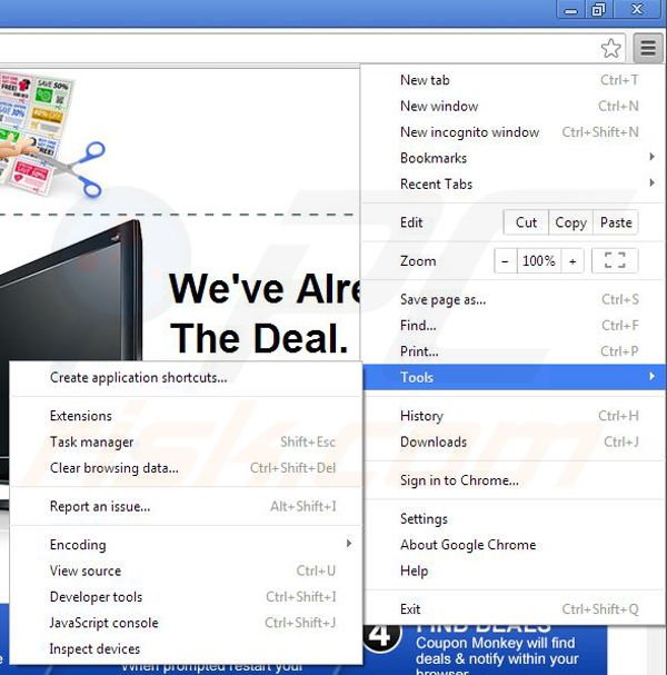 Removing Coupon Monkey from Google Chrome step 1