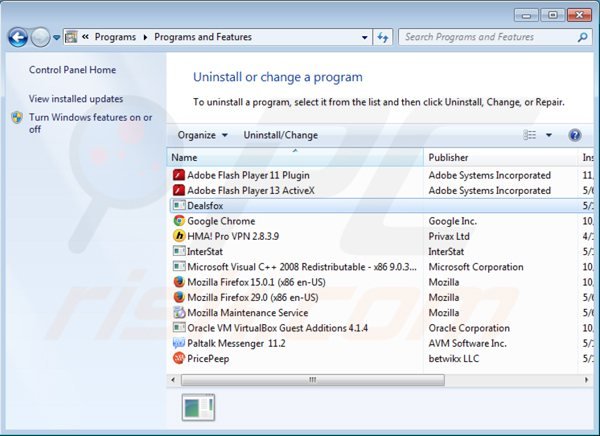 dealsfox uninstall via Control Panel