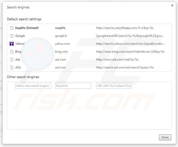 Removing searchy.easylifeapp.com from Google Chrome default search engine