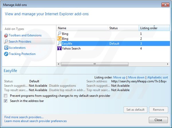 Removing searchy.easylifeapp.com from Internet Explorer default search engine