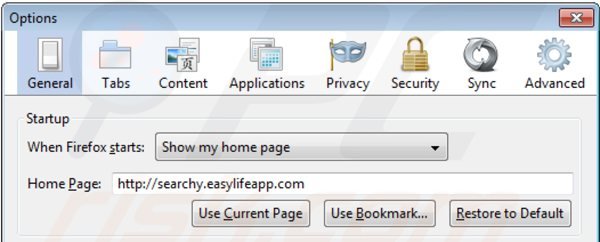 Removing searchy.easylifeapp.com from Mozilla Firefox homepage