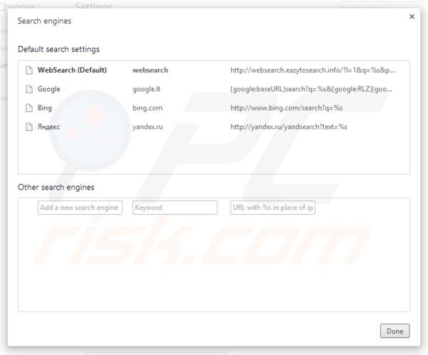 Removing websearch.eazytosearch.info from Google Chrome default search engine