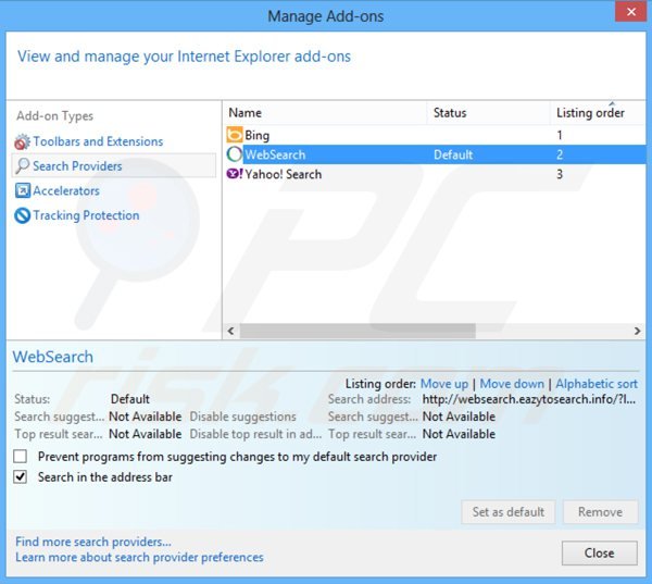 Removing websearch.eazytosearch.info from Internet Explorer default search engine