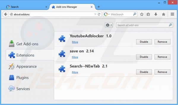 Removing websearch.eazytosearch.info related Mozilla Firefox extensions