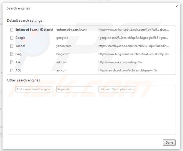 Removing enhanced-search.com from Google Chrome default search engine