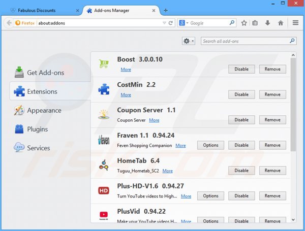 Removing fabulousdiscounts ads from Mozilla Firefox step 2