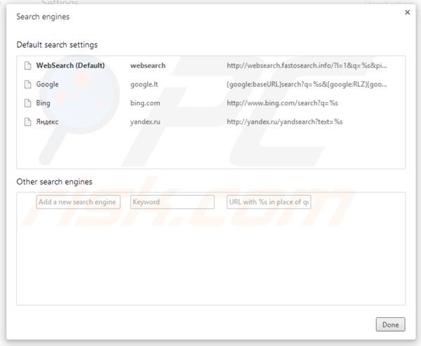 Removing websearch.fastosearch.info from Google Chrome default search engine