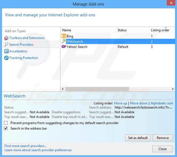 Removing websearch.fastosearch.info from Internet Explorer default search engine