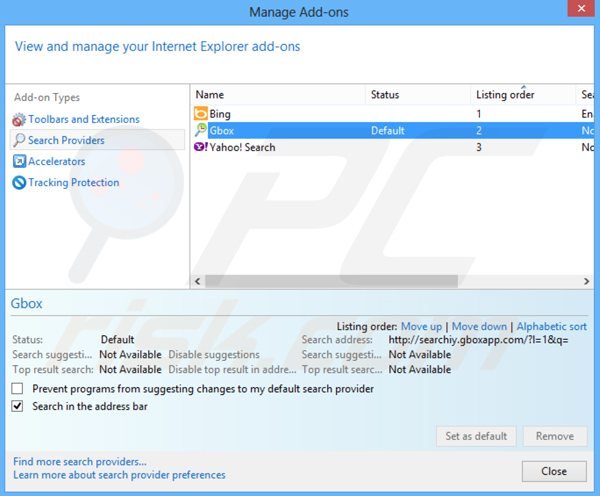 Removing searchiy.gboxapp.com from Internet Explorer default search engine