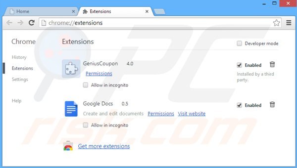 Removing geniuscoupon ads from Google Chrome step 2