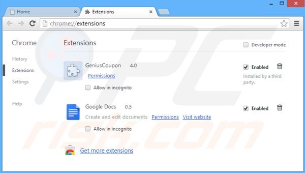 Removing geniuscoupon ads from Google Chrome step 2