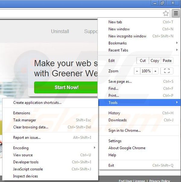 Removing Greener Web from Google Chrome step 1