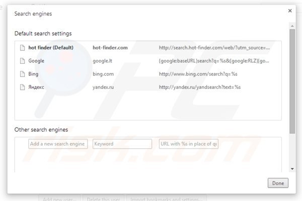 Removing hot-finder.com from Google Chrome default search engine