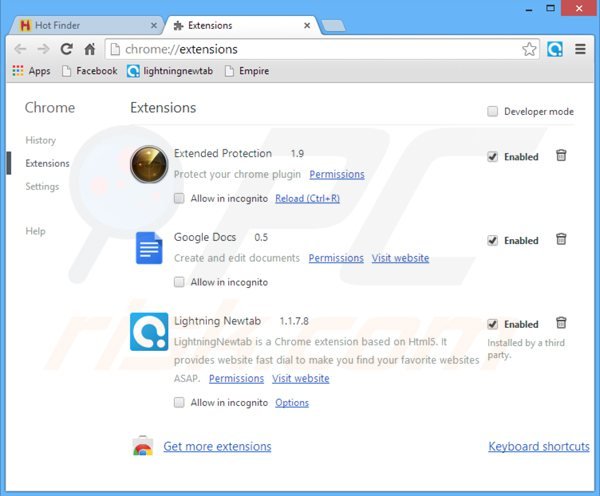 Removing hot-finder.com related Google Chrome extensions