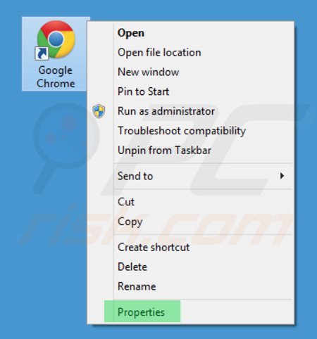 Removing hot-finder.com from Google Chrome shortcut target step 1