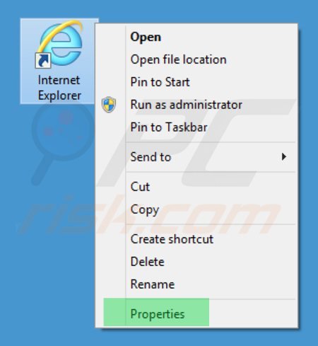 Removing hot-finder.com from Internet Explorer shortcut target step 1
