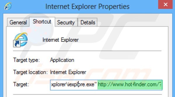 Removing hot-finder.com from Internet Explorer shortcut target step 2
