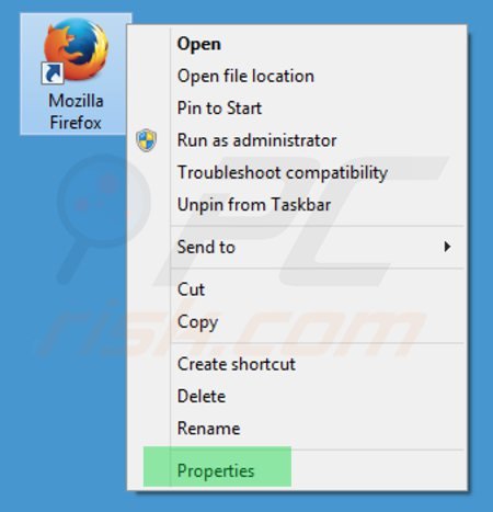 Removing hot-finder.net from Mozilla Firefox shortcut target step 1