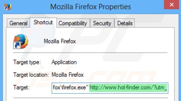 Removing hot-finder.net from Mozilla Firefox shortcut target step 2