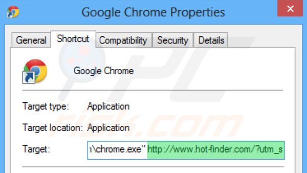 Removing hot-finder.com from Google Chrome shortcut target step 2