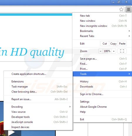 Removing hq-quality ads from Google Chrome step 1