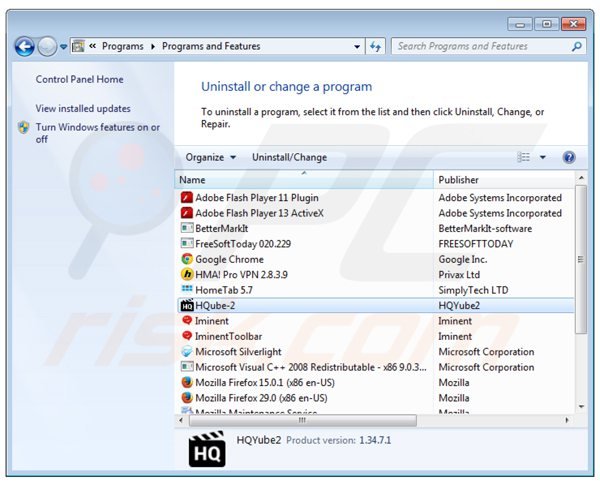 hqube adware uninstall via Control Panel